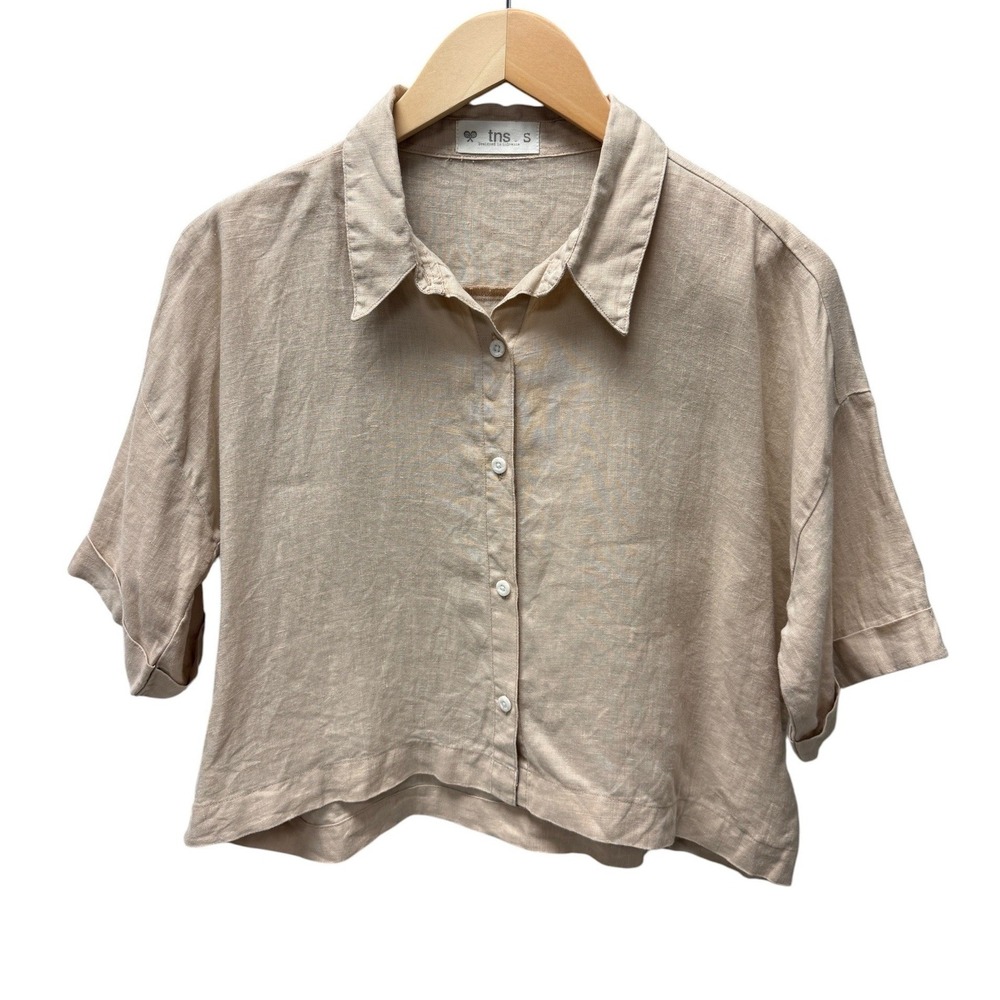 tns Button Down Shirt Women S Beige Short Sleeve Linen Cropped Relaxed Fit EUC